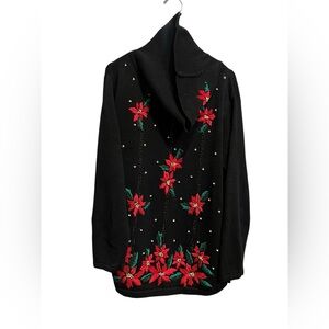 Black Sweater with embroidered  poinsettia flowers